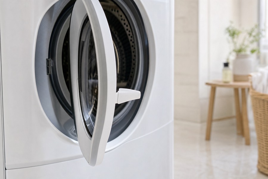 A washer door held slightly open by a small door stopper