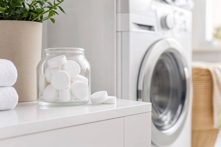 A jar of washer cleaning tablets on a laundry counter